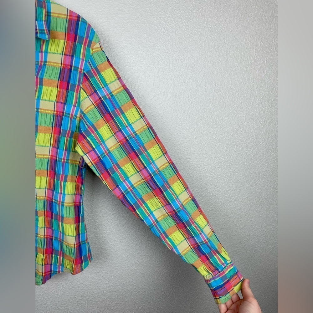 VTG Junior's Medium Roughrider by Circle K Rainbow Plaid Collared Shirt Smocked - Picture 8 of 16